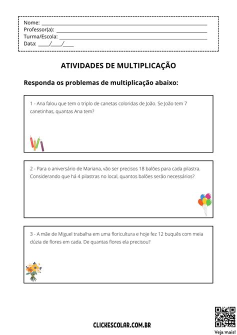 Atividades de Multiplicação para 3º Ano Click Escolar