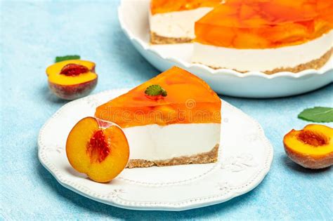 Peach Tart For Gourmet Dessert Cheesecake With Peache Jelly On White