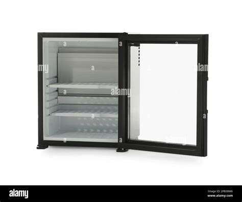 Empty mini bar with open glass door isolated on white Stock Photo - Alamy