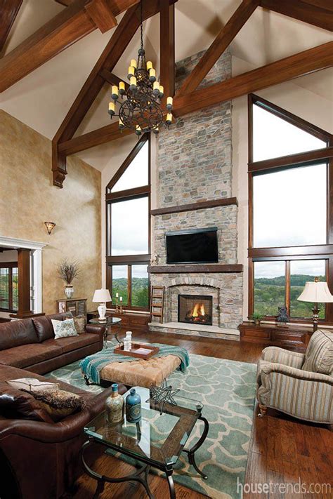 Soaring 30-foot tall cathedral ceilings, carved wood beams and stone ...