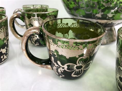 Vintage Hand Blown Green Glass With Silver Overlay Punch Bowl Set