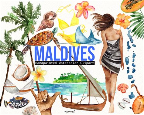 Watercolor Tropical Clip Art Maldives Tropical Summer Etsy