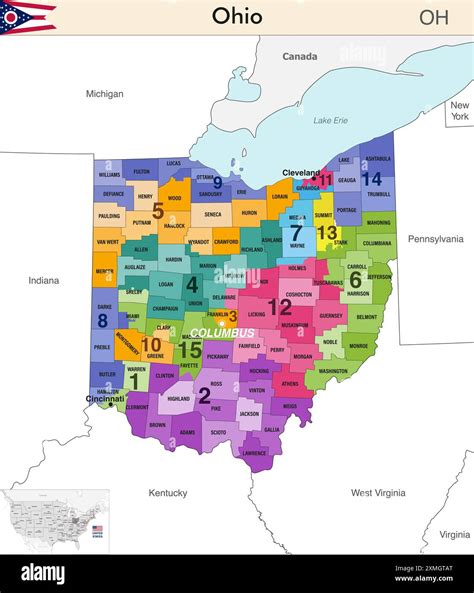 Ohio State Map With Counties Borders And Colored Congressional