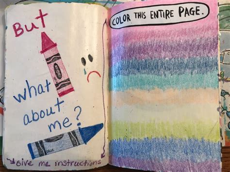 An Open Book With Colored Crayons And Writing On The Pages That Says