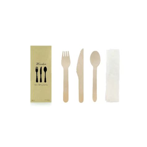 Kit De Cubiertos Madera Cuchara Cuchillo Tenedor Y Servilleta 50 Uds