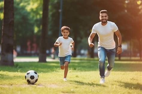 Feliz Padre De Familia Tnica E Hijo Jugando Al F Tbol En El Parque En