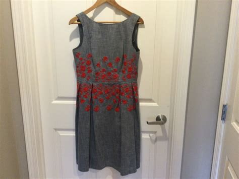 Maggy London Chambray Fit And Flare Dress Red Embroid Gem