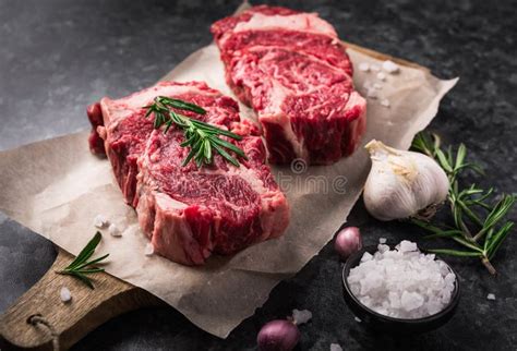 Two Raw Fresh Marbled Meat Black Angus Steak Ribeye Stock Photo Image