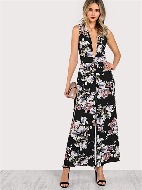 Shein Plunge Neck Belted Sleeveless Palazzo Jumpsuit Jumpsuit