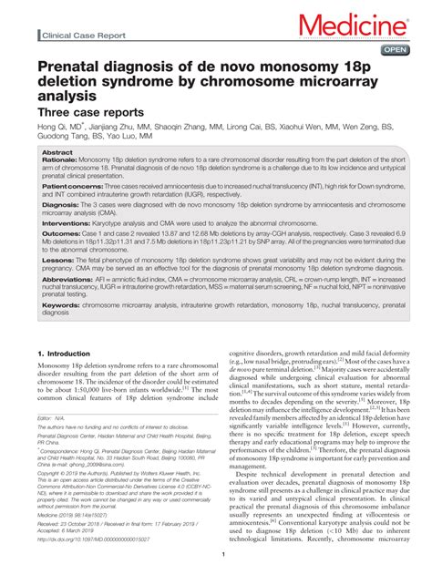 Pdf Prenatal Diagnosis Of De Novo Monosomy 18p Deletion Syndrome By