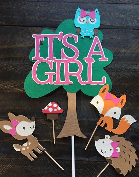 Its A Girl Cake Topper With Woodland Animals And Mushrooms On The Stick