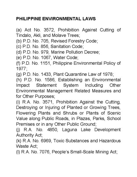 PT 4 Env't Laws Memorization - PHILIPPINE ENVIRONMENTAL LAWS (a) Act No