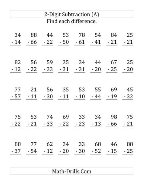 2 Digit Subtraction With No Regrouping Lp