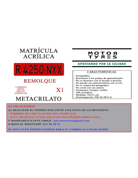 Matr Cula Remolque Roja Acr Lica Metacrilato