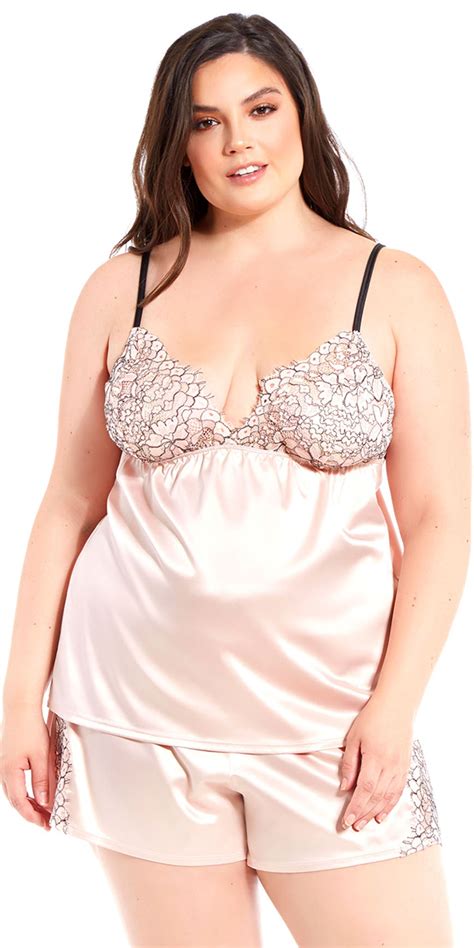 Plus Size Apricot Satin And Floral Lace Camisole Set Women S Lingerie