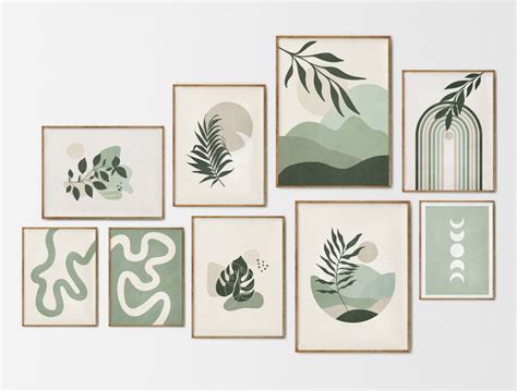 Sage Green Set Of 9 Prints Sage Green Printable Wall Art Botanical