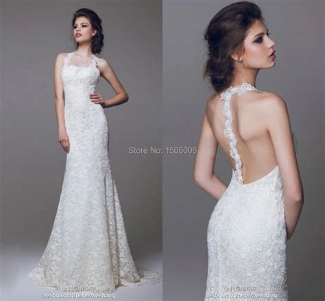 Buy Sexy Open Back Full Lace Floor Length Halter Wedding Gowns Sleeveless