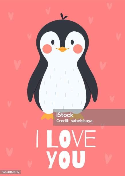 Karakter Kartun Penguin Lucu Dengan Kutipan I Love You Ilustrasi Vektor