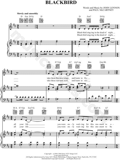 The Beatles Blackbird Sheet Music In D Major Transposable