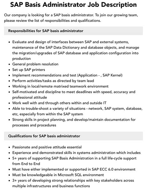 SAP Basis Administrator Job Description Velvet Jobs