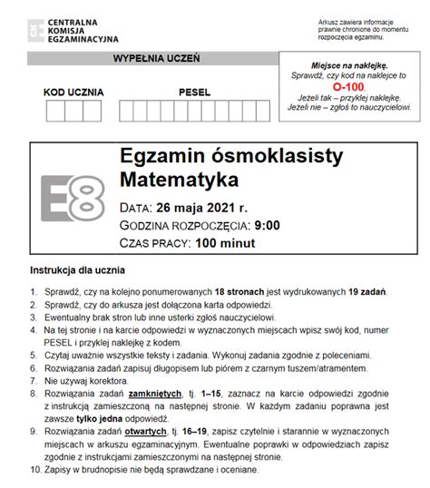 Egzamin ósmoklasisty 2021 matematyka arkusze PDF odpowiedzi zadania