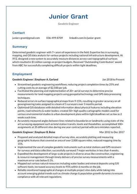 Geodetic Engineer Resume (CV) Example and Writing Guide