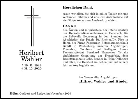 Traueranzeigen Von Heribert Wahler Rz Trauer De