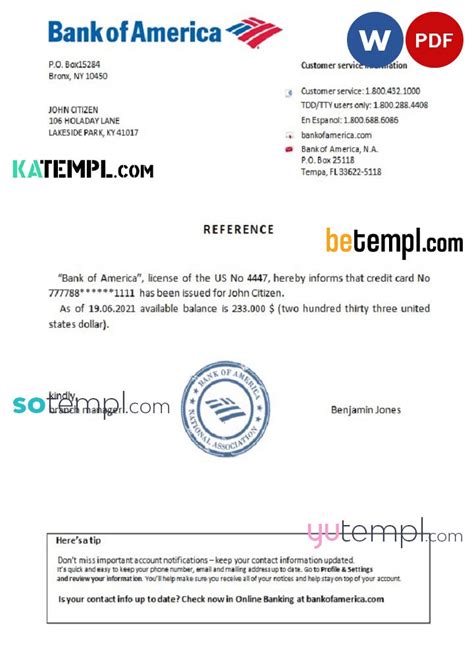 Usa Bank Of America Bank Account Reference Letter Template In Word And