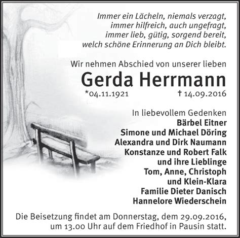 Traueranzeigen von Gerda Herrmann Märkische Onlinezeitung Trauerportal