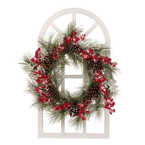 24 In Artificial Dia Flocked Pinecone And Berry Wreath With Wooden