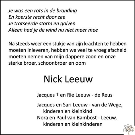 Nick Leeuw Overlijdensbericht En Condoleances Mensenlinq Nl