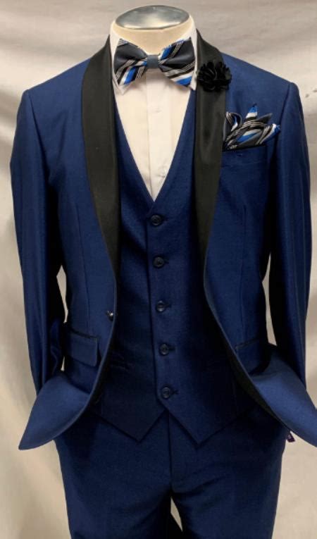 Mens One Button Shawl Lapel Suit Navy Blue