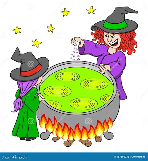 Witch Cooking A Magic Potion In The Cauldron Stock Vector