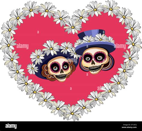 A Couple Of Skulls In Hats With Flowers Inside Of Heart Vector