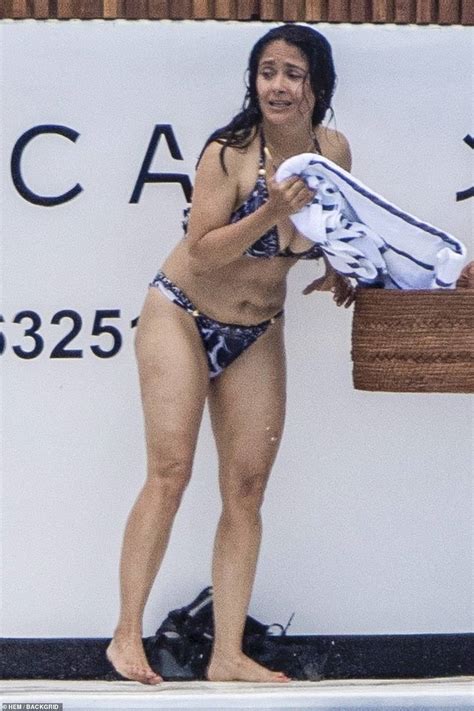 EXCLUSIVE Salma Hayek 56 Puts On Busty Display In A Skimpy Blue Bikini As She Cools Down In