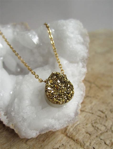 Gold Druzy Quartz Necklace Titanium Drusy Quartz K Gold Fill