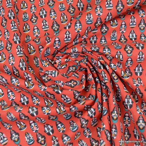 Tissu Coton Imprim Masques Africains Fond Rouge Oeko Tex