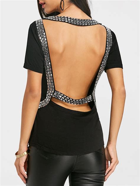 43 Off Open Back Rhinestone T Shirt Rosegal