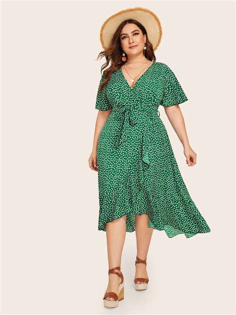 Shein Plus Ditsy Floral Ruffle Trim Wrap Belted Dress Plus Size Summer Dresses Plus Size