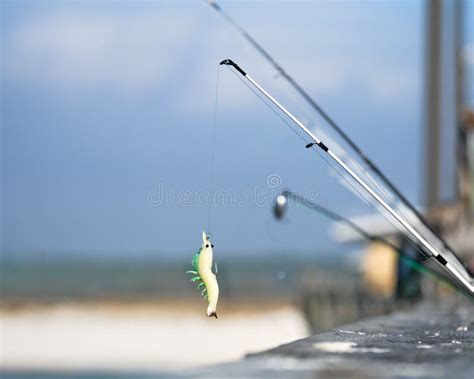 Fishing Lure on Pier with Beach in Background Stock Photo - Image of ...