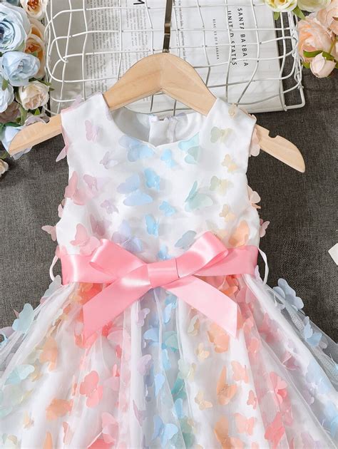 Young Girl Butterfly Appliques Mesh Overlay Belted Party Dress Shein Usa