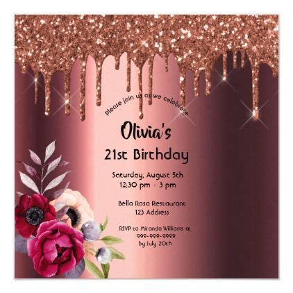 Birthday Burgundy Floral Glitter Drip Invitation Zazzle Glitter