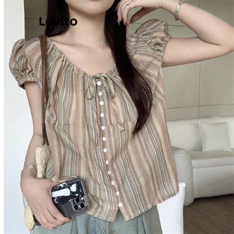 Lovito Casual Striped Button Lace Up Pleated Blouse For Women Lne