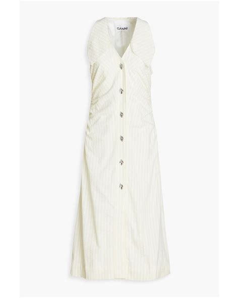 Ganni Striped Cotton Seersucker Midi Shirt Dress In White Lyst