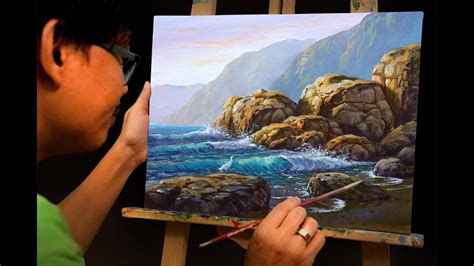 Acrylic Landscape Painting In Time Lapse Rocky Beach And Crashing