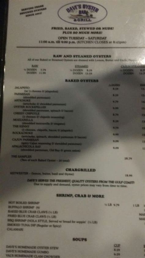 Menu At Daves Oyster Bar And Grill Pensacola Beach Gulf Breeze Pkwy