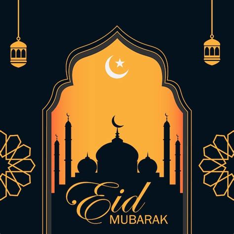 Un Cartel De Eid Mubarak Con Una Mezquita Y Una Luna Creciente