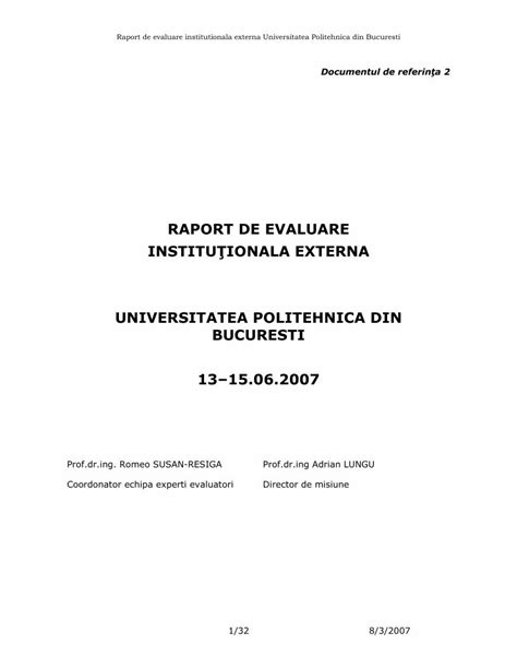 Pdf Raport De Evaluare Institu Ionala Externa De Evaluare