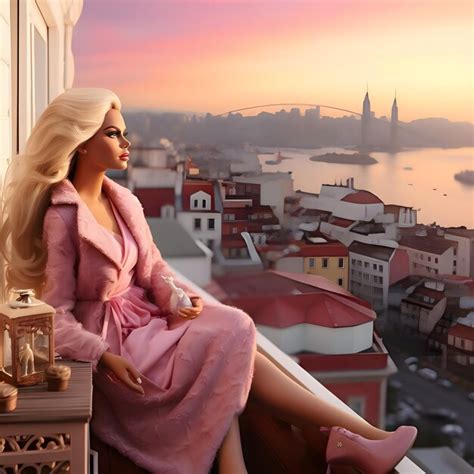 Premium AI Image Cute Blonde Barbie Wearing A Pink Clothing Against City Background Side View