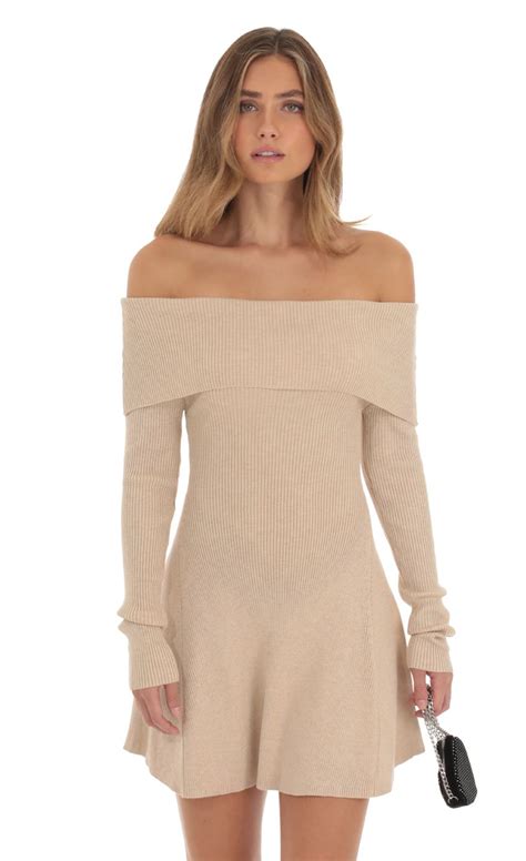 Knit Off Shoulder Dress In Beige Lucy In The Sky